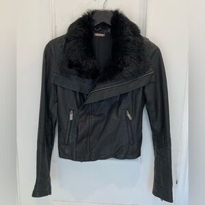 Line The Label black leather moto jacket with rabbit fur collar. Size XS